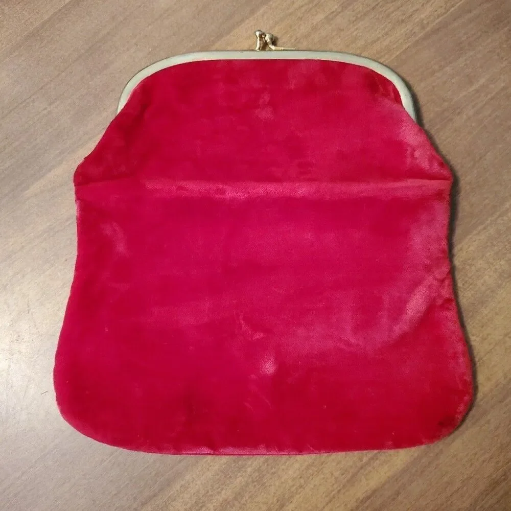 Red Velvet Evening Folding Clutch Hand Bag Purse Vintage Gold Tone Hardware